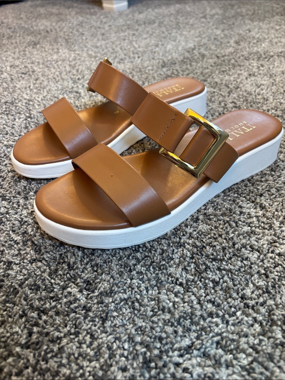 Tail Tan Leather Slide Sandals with Gold Buckle